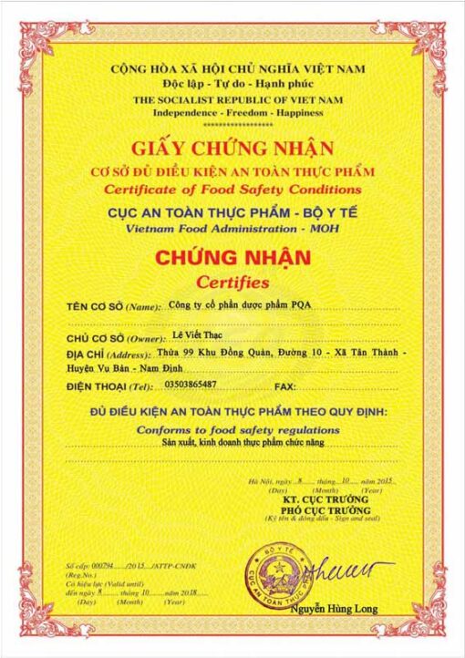 chứng nhận an toàn vệ sinh thực phẩm