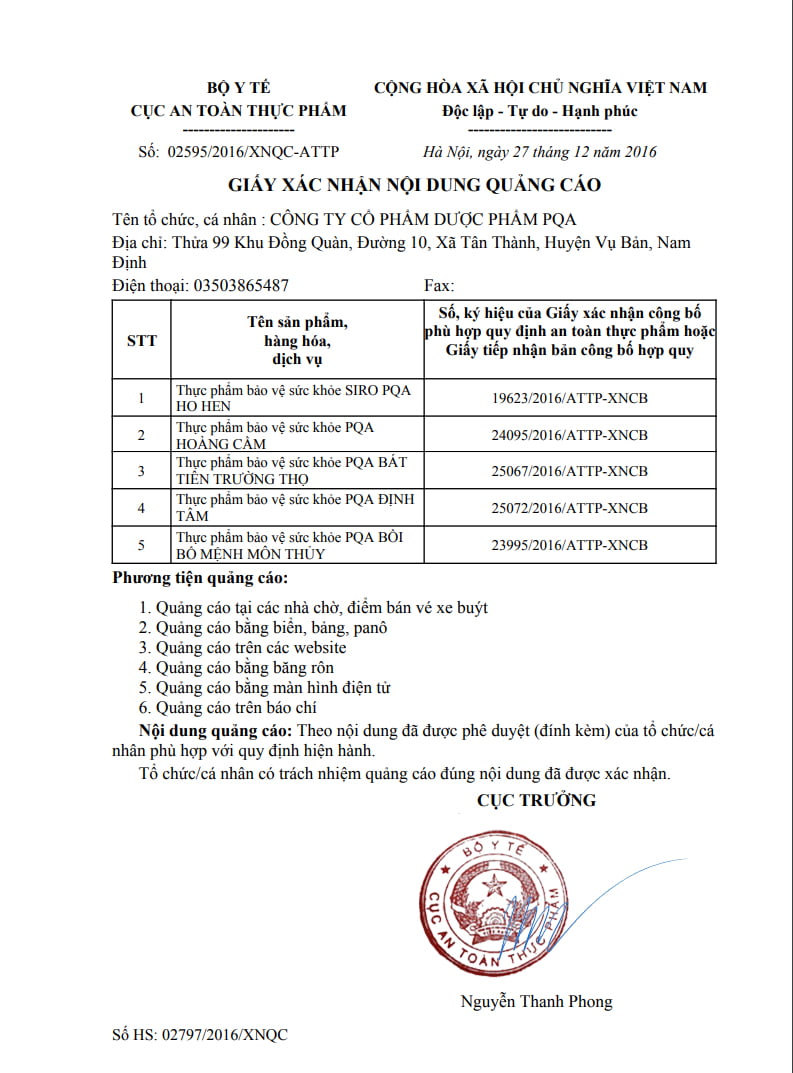 xác nhận quảng cáo công ty pqa