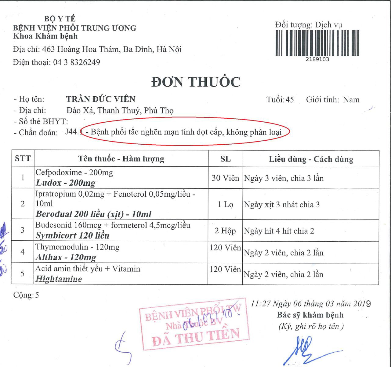 Đơn thuốc Viêm Phế Quản kê bằng Tây Y